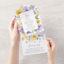 Lila Blumen, gelbe Blumen, Boho, Babydusche All In One Einladung