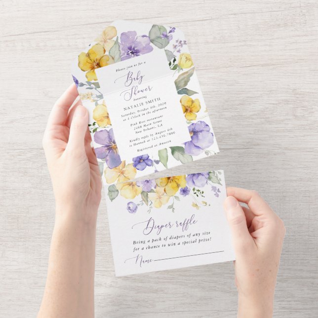Lila Blumen, gelbe Blumen, Boho, Babydusche All In One Einladung (Abreißen)