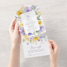 Lila Blumen, gelbe Blumen, Boho, Babydusche All In One Einladung