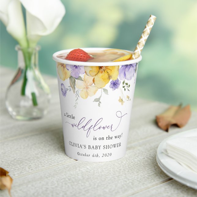 Lila Blumen, gelbe Blumen, Boho, Babydusche Pappbecher (In Situ)