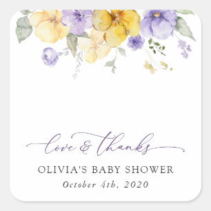 Lila Blumen, gelbe Blumen, Boho, Babydusche Quadratischer Aufkleber