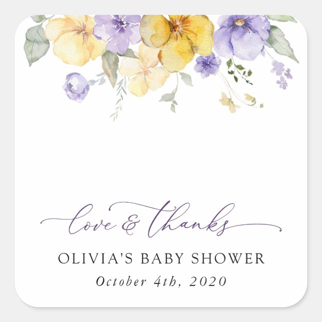 Lila Blumen, gelbe Blumen, Boho, Babydusche Quadratischer Aufkleber (Vorderseite)
