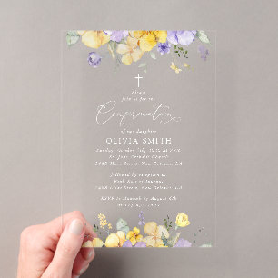 Lila Blumen, gelbe Blumen, Boho, Konfirmation Acryleinladungen