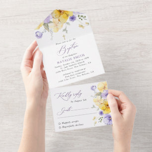 Lila Blumen, gelbe Blumen, Boho, Taufe All In One Einladung