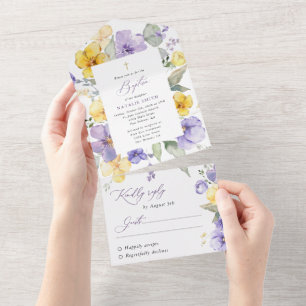 Lila Blumen, gelbe Blumen, Boho, Taufe All In One Einladung