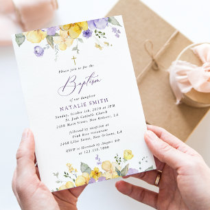 Lila Blumen, gelbe Blumen, Boho, Taufe Einladung