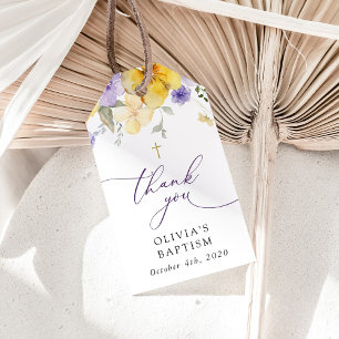 Lila Blumen, gelbe Blumen, Boho, Taufe Geschenkanhänger