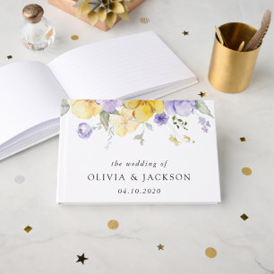 Lila Blumen, gelbe Blumen, Grünpflanzen, Hochzeit Gästebuch