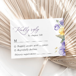 Lila Blumen, gelbe Blumen, Grünpflanzen, Hochzeit RSVP Karte