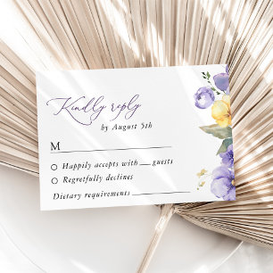 Lila Blumen, gelbe Blumen, Grünpflanzen, Hochzeit RSVP Karte
