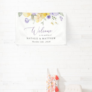 Lila Blumen, gelbe Blumen, Hochzeitsbegrüßung Banner