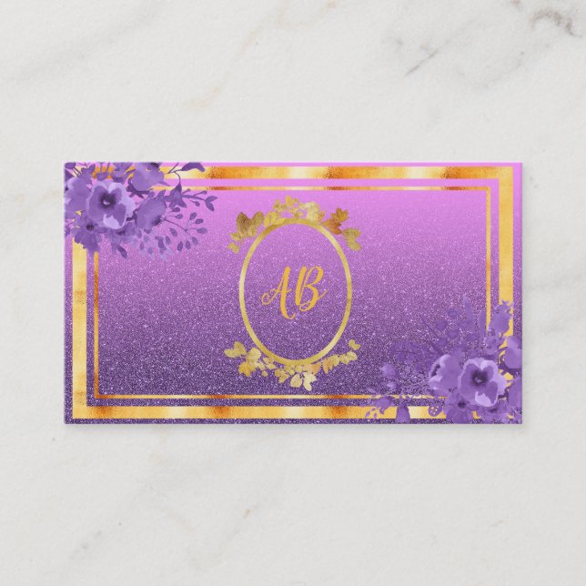 Lila Blumen Gold Glitzer mit Monogramm Visitenkarte (Vorderseite)
