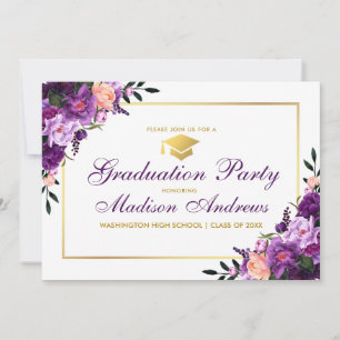 Lila Blumen-Gold-Rahmen-Graduierungsparty Einladun Einladung