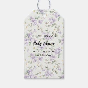 Lila Blumen Goldene Sterne Monde Baby Shower Geschenkanhänger