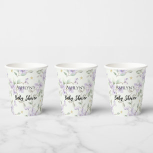 Lila Blumen Goldene Sterne Monde Babyparty Pappbecher