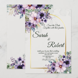 Lila Blumen Goldener Bogen Hochzeitseinladung Einladung