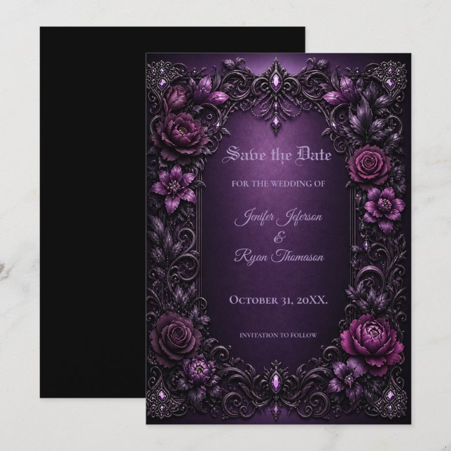 Lila Blumen Gothic Save the Date Einladung (Vorne/Hinten)
