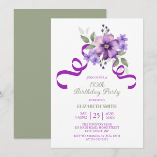 Lila-Blumen-Grün-Ribbon-Geburtstag Einladung