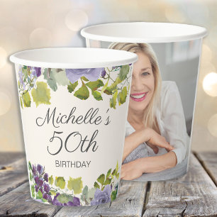 Lila Blumen Grüne Blätter 50. Geburtstag Foto  Pappbecher