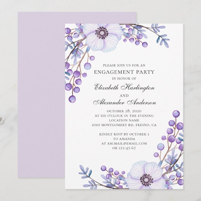 Lila Blumen Hochzeit. Blumenfreund Einladung (Vorne/Hinten)