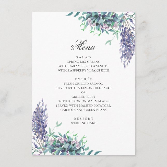 Lila Blumen. Hochzeit im Garten mit Blumen. Lavend Menükarte (Vorderseite)