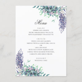 Lila Blumen. Hochzeit im Garten mit Blumen. Lavend Menükarte