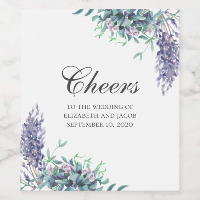 Lila Blumen. Hochzeit im Garten mit Blumen. Lavend Weinetikett (Einzelnes Label)