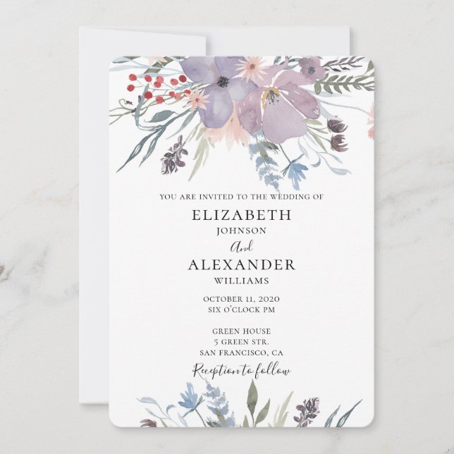 Lila Blumen Hochzeitseinladung. Blumenladen Einladung (Vorderseite)