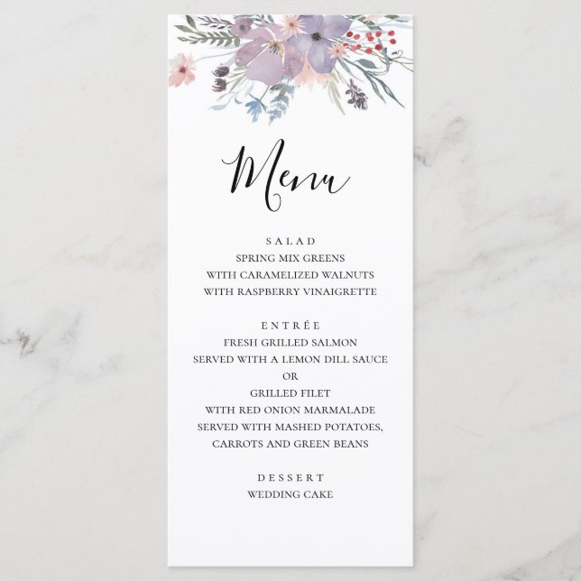 Lila Blumen Hochzeitsmenü. Speisekarte zum Abendes Menükarte (Vorderseite)