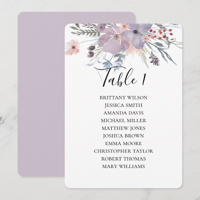 Lila Blumen Hochzeitssitzkarte. botanisch Einladung (Vorne/Hinten)