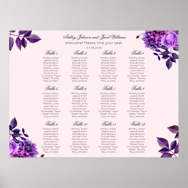Lila Blumen Hochzeitssitzkarte. Rosa Blüte Poster (Vorne)