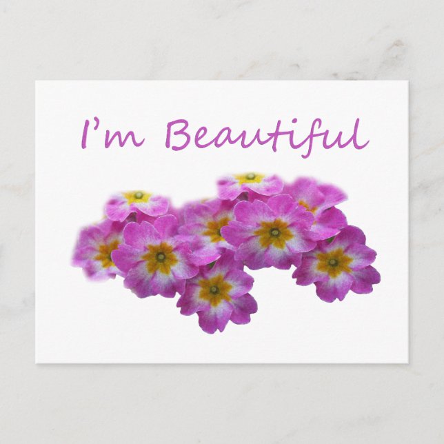 Lila Blumen, ich bin schön Postkarte (Vorderseite)