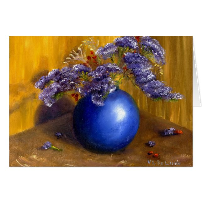 Lila Blumen im blauen Vasen-und Goldhintergrund (Vorderseite (Horizontal))