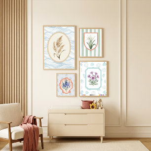 Lila Blumen im Rahmen mit Meerwasserglas und Musch Poster