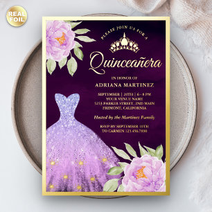 Lila-Blumen-Kleid Lila Quinceanera Gold Folieneinladung