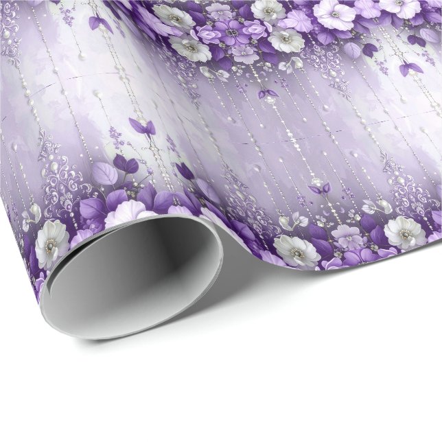 Lila Blumen mit baumelnden Perlen Geschenkpapier (Rolleneckpunkt)