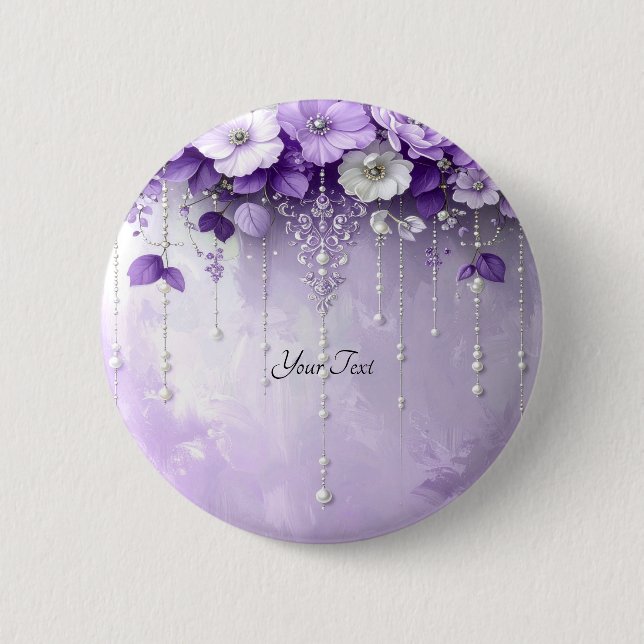 Lila Blumen mit baumelnden Perlen Knopf Button (Vorderseite)