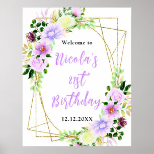 Lila Blumen mit Laub Geburtstagsgruß Poster