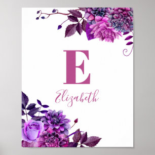 Lila Blumen. Name des Mädchens und Monogramm. Kind Poster