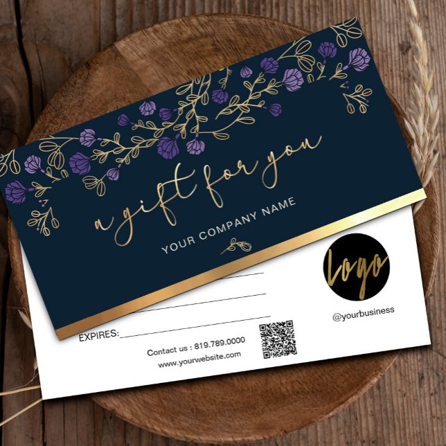 Lila Blumen-Navy und Gold-Add-Logo-Geschenkkarte ("Unlock Moments of Joy 💜✨ Surprise Loved Ones with our Signature Gift Certificate!" #purpleandgold)