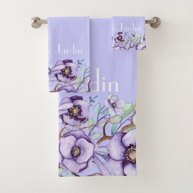 Lila Blumen - personalisiert Badhandtuch Set (Insitu)