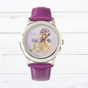 Lila Blumen Pferd Mädchen Armbanduhr
