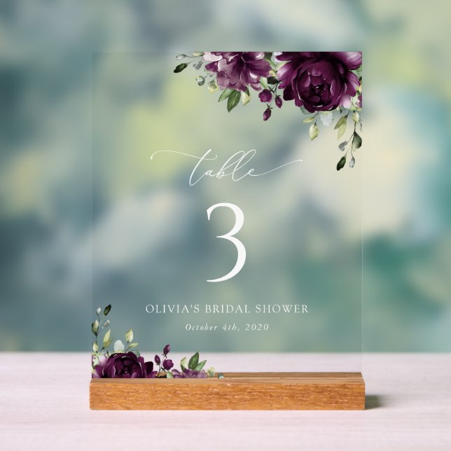Lila Blumen, Pflaumen, Blume, Boho, Tischnummern Acrylschild (Neutral)
