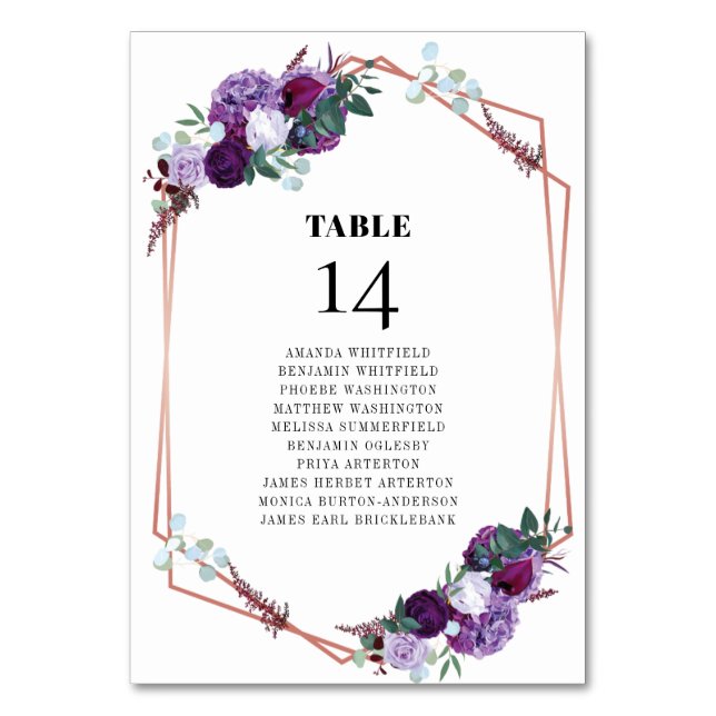 Lila Blumen-Rose-Gold-Hochzeitskarte Tischnummer (Vorderseite)