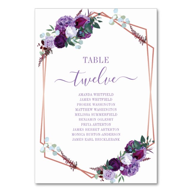 Lila Blumen-Rose Gold-Rahmen-Hochzeitskarte Tischnummer (Vorderseite)