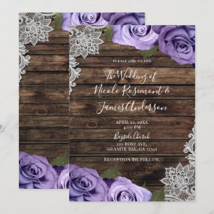 Lila Blumen-Rosen Rustikale Holz- und Spitzen-Hoch Einladung