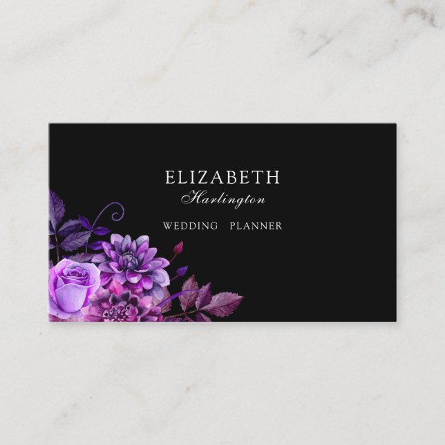 Lila Blumen. Schwarze Karte. Florals. botanisch Visitenkarte (Vorderseite)