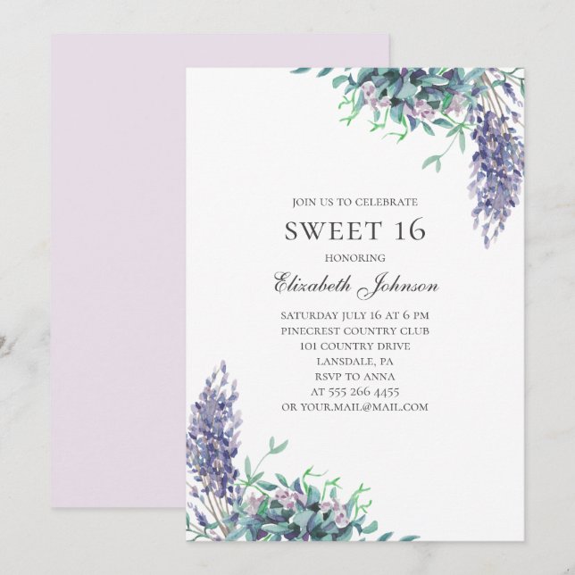 Lila Blumen Sweet 16. Lavender 16. Geburtstag Einladung (Vorne/Hinten)