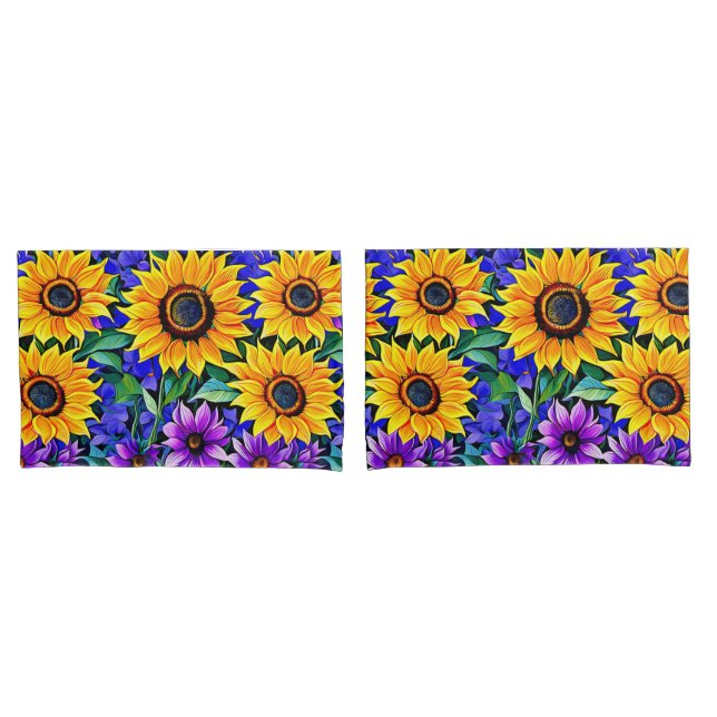 Lila Blumen und gelbe Sonnenblumen Kissenbezug (Vorderseite-Set)