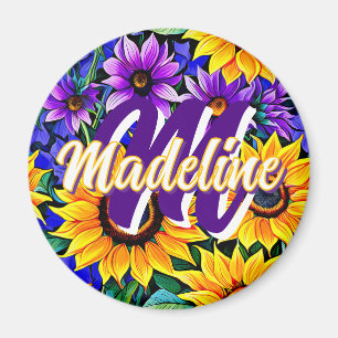 Lila Blumen und gelbe Sonnenblumen Personalisiert Magnet